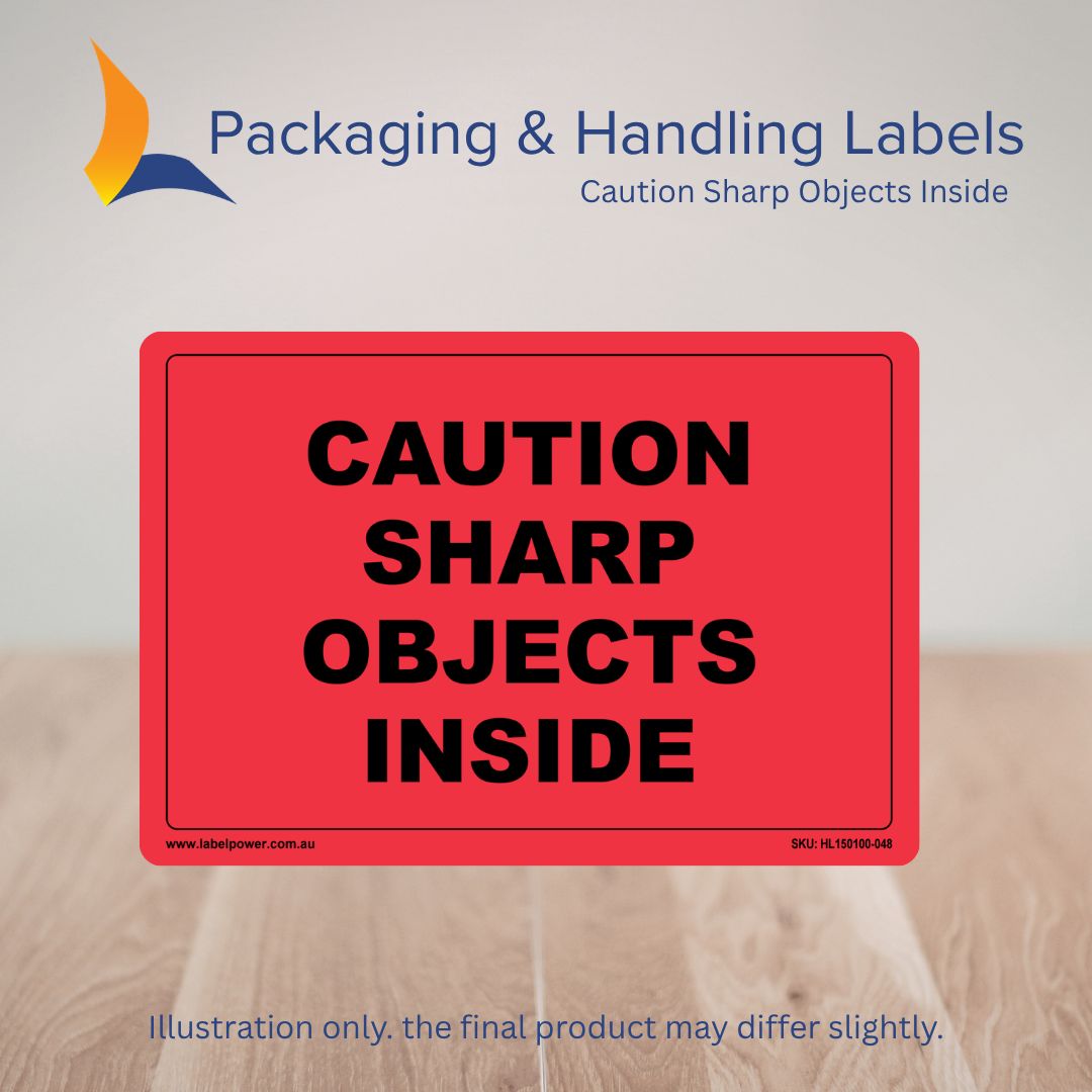150mm x 100mm Caution Sharp Objects Inside Labels – 500 Per Roll (Multiple Colours)
