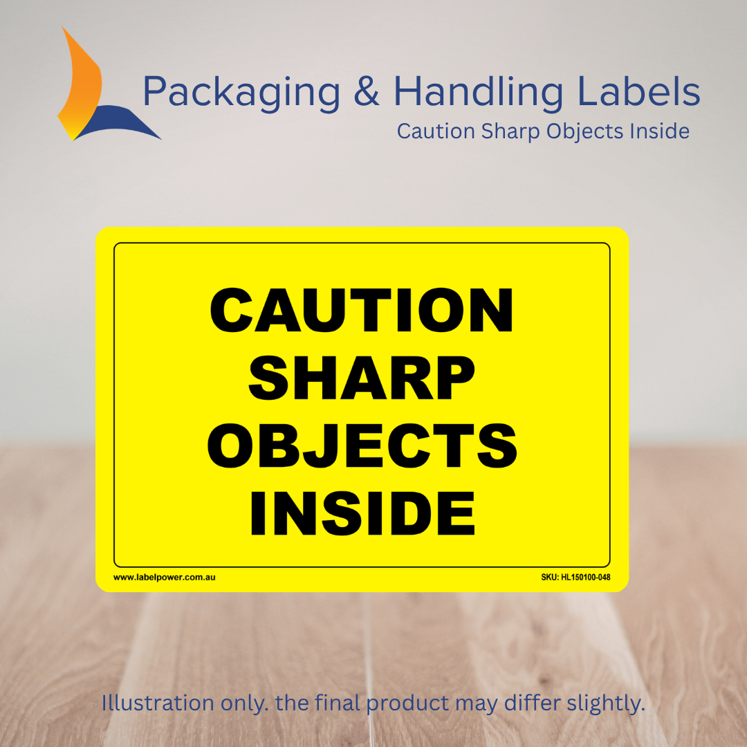 150mm x 100mm Caution Sharp Objects Inside Labels – 500 Per Roll (Multiple Colours)