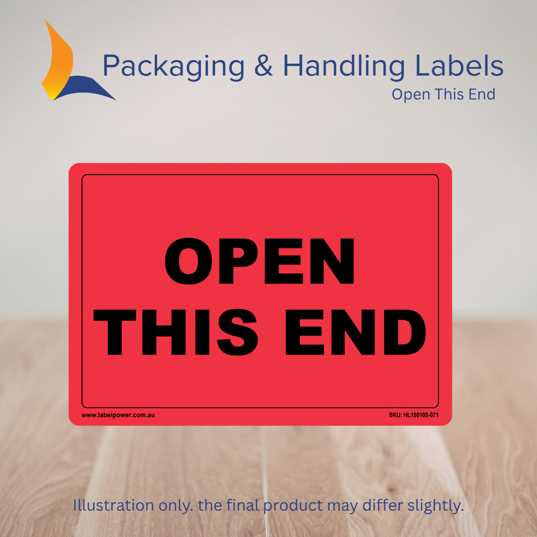 150mm x 100mm Open This End Labels – 500 Per Roll (Multiple Colours)
