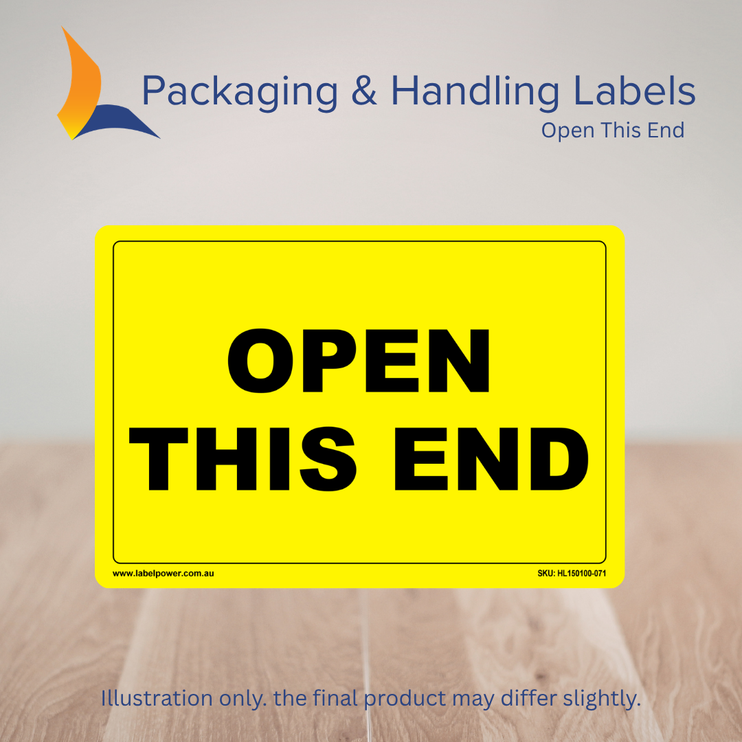 150mm x 100mm Open This End Labels – 500 Per Roll (Multiple Colours)