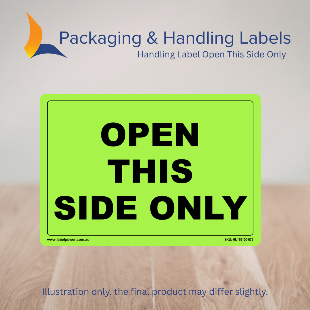 150mm x 100mm Open This Side Only Labels – 500 Per Roll (Multiple Colours)