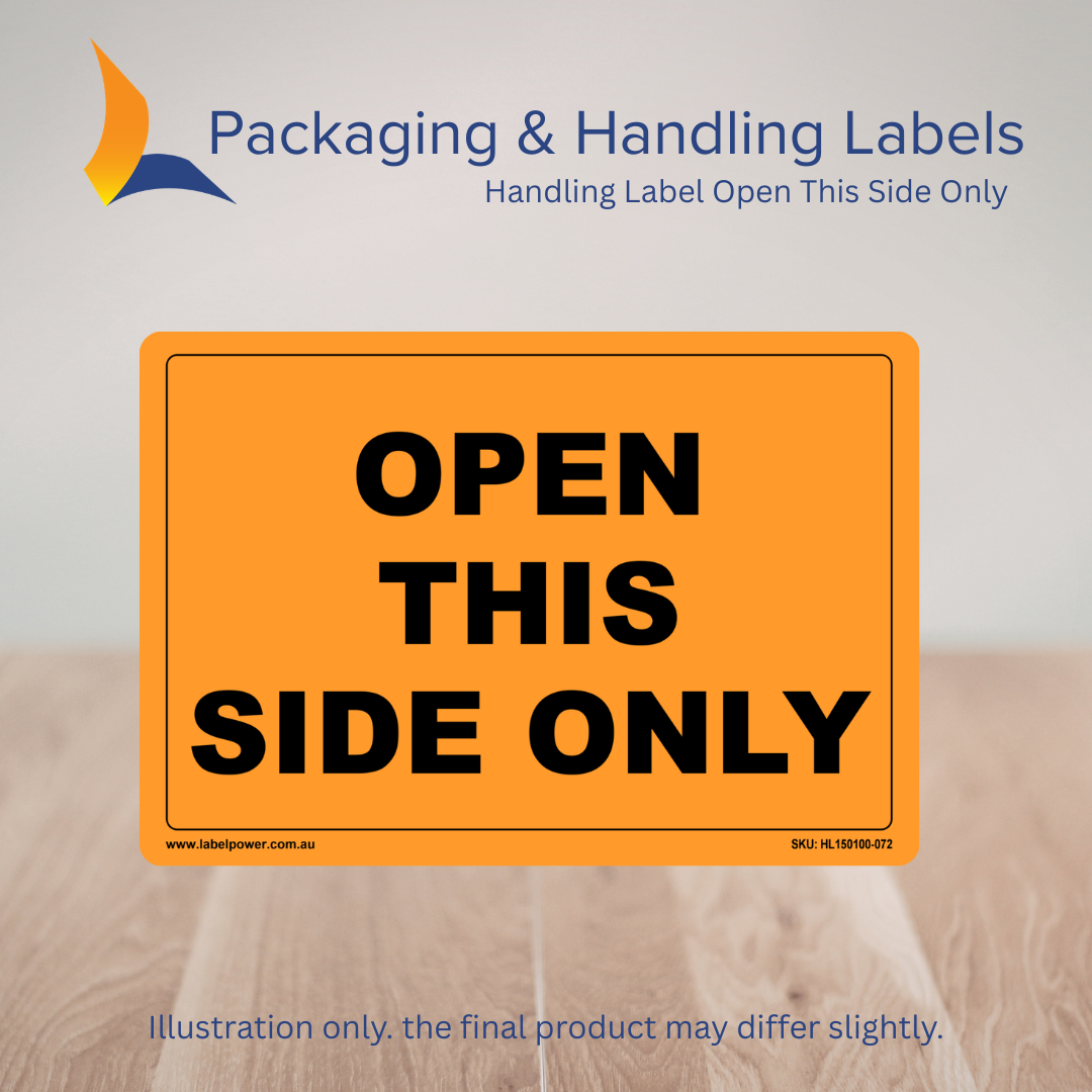 150mm x 100mm Open This Side Only Labels – 500 Per Roll (Multiple Colours)