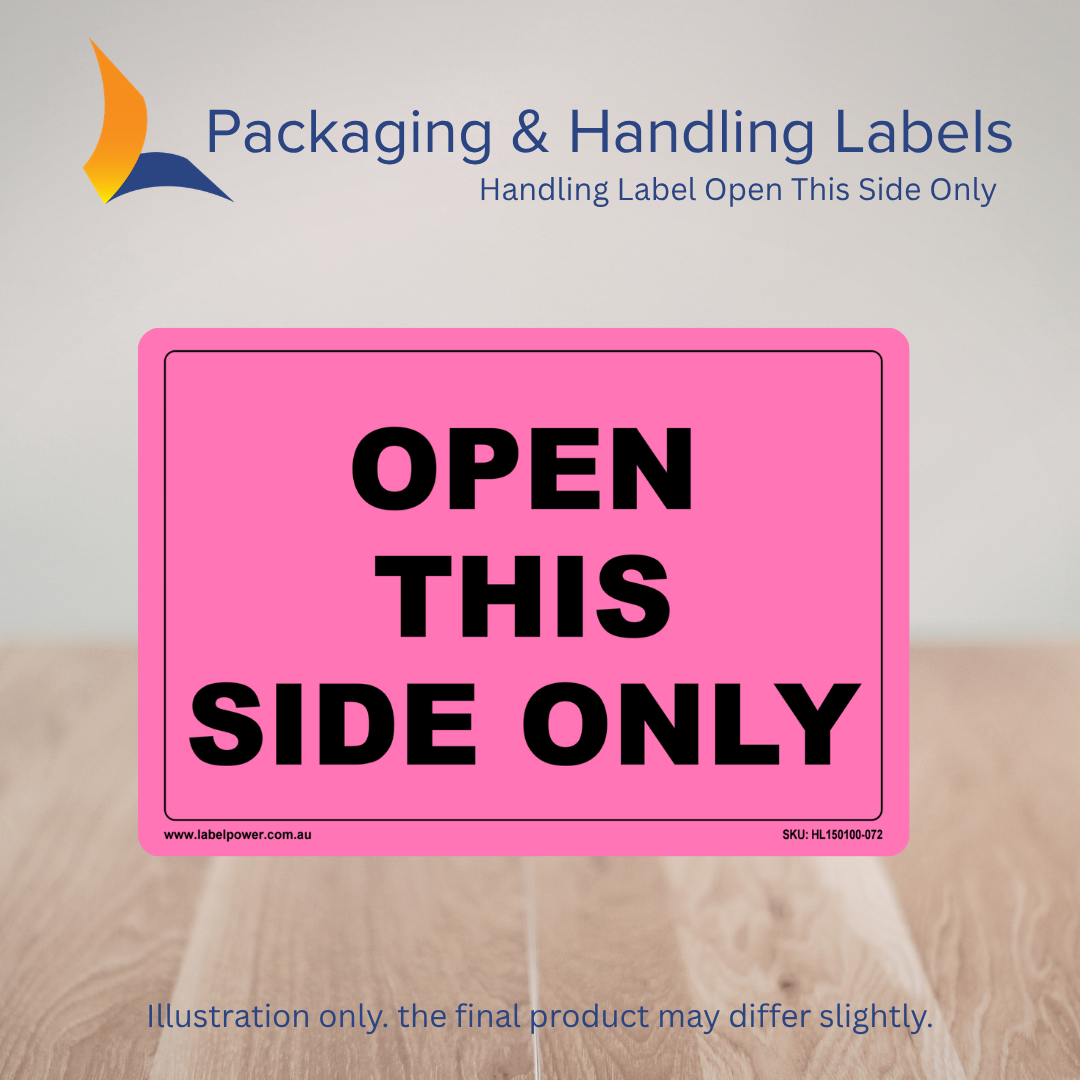 150mm x 100mm Open This Side Only Labels – 500 Per Roll (Multiple Colours)