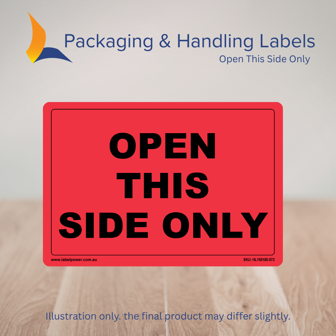 150mm x 100mm Open This Side Only Labels – 500 Per Roll (Multiple Colours)