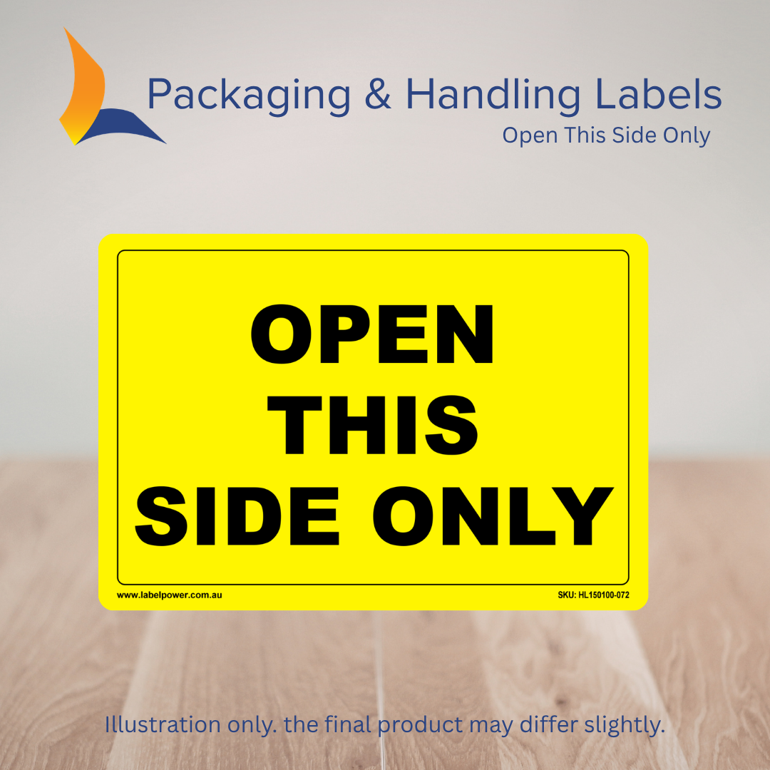 150mm x 100mm Open This Side Only Labels – 500 Per Roll (Multiple Colours)