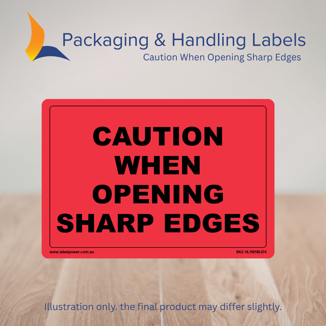 150mm x 100mm Caution When Opening Sharp Edges Labels – 500 Per Roll (Multiple Colours)