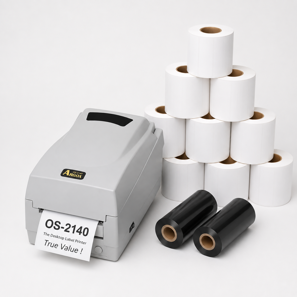 100mm x 150mm Thermal Transfer Label Bundle with Argox OS-2140EX TT Printer & 2 Wax Ribbons